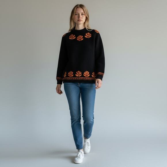 Vintage Cift Geyik Wool Sweater Size Small 100% Virgin Wool Black and Orange - Picture 2 of 8